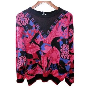 Lili Sidonio Sweater Womens Sz L Pink, Blue, Black Abstract Floral Knit ELR172BN